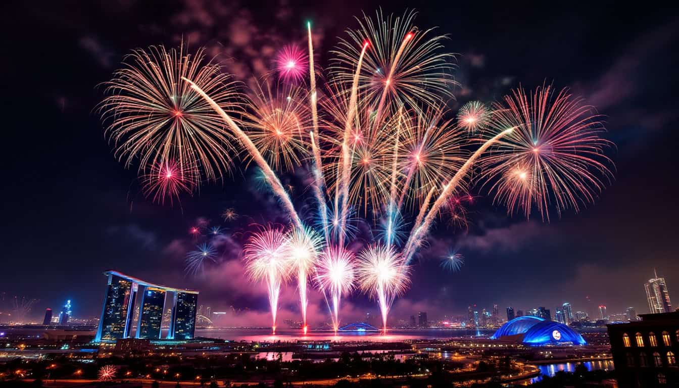 Fireworks display in Abu Dhabi during New Year's Eve at Sheikh Zayed Festival, featuring grand New Year 2024 celebrations.