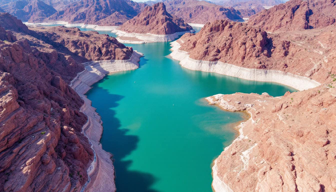 Hidden gems in the UAE, a serene view showcasing the turquoise waters of Hatta Dam surrounded by rugged mountains during sunrise, perfect for adventure and relaxation.