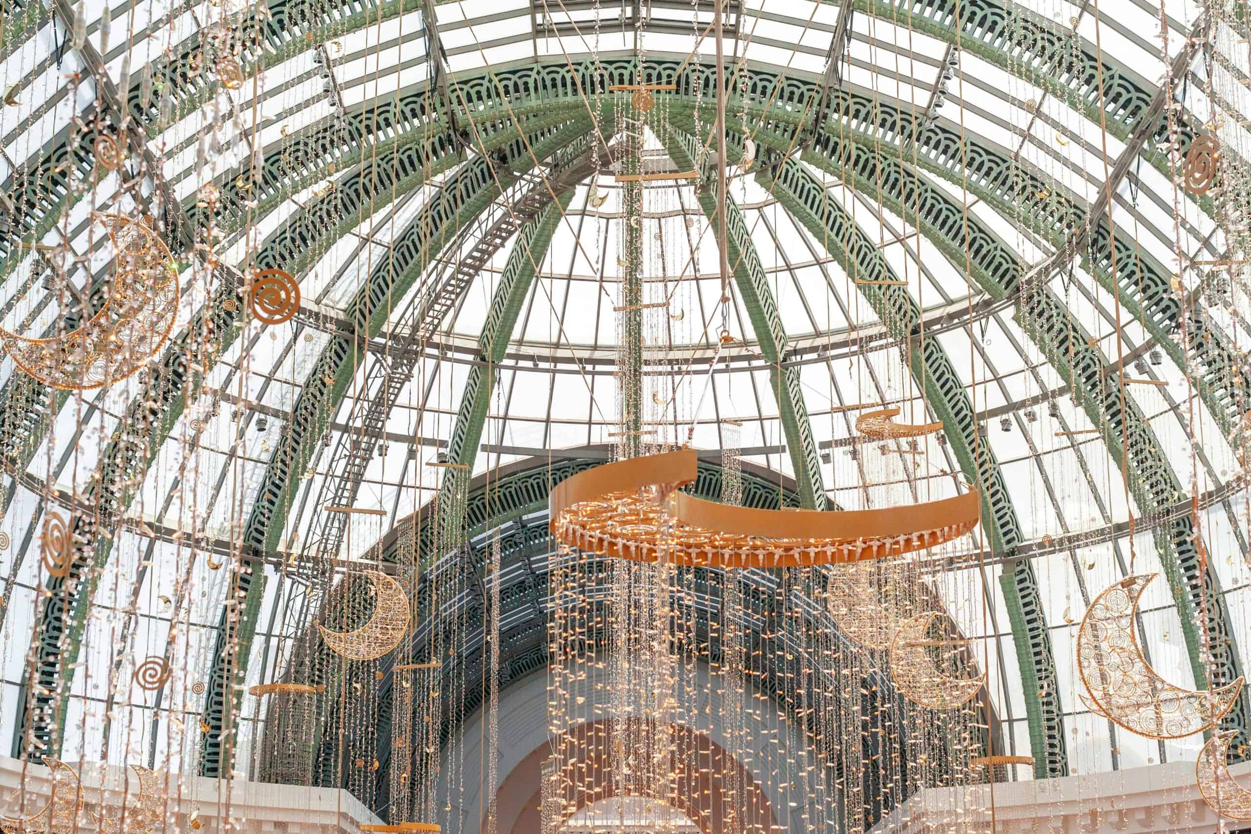 Beautiful decorations hanging from a glass dome inside the Mall of the Emirates, Dubai.