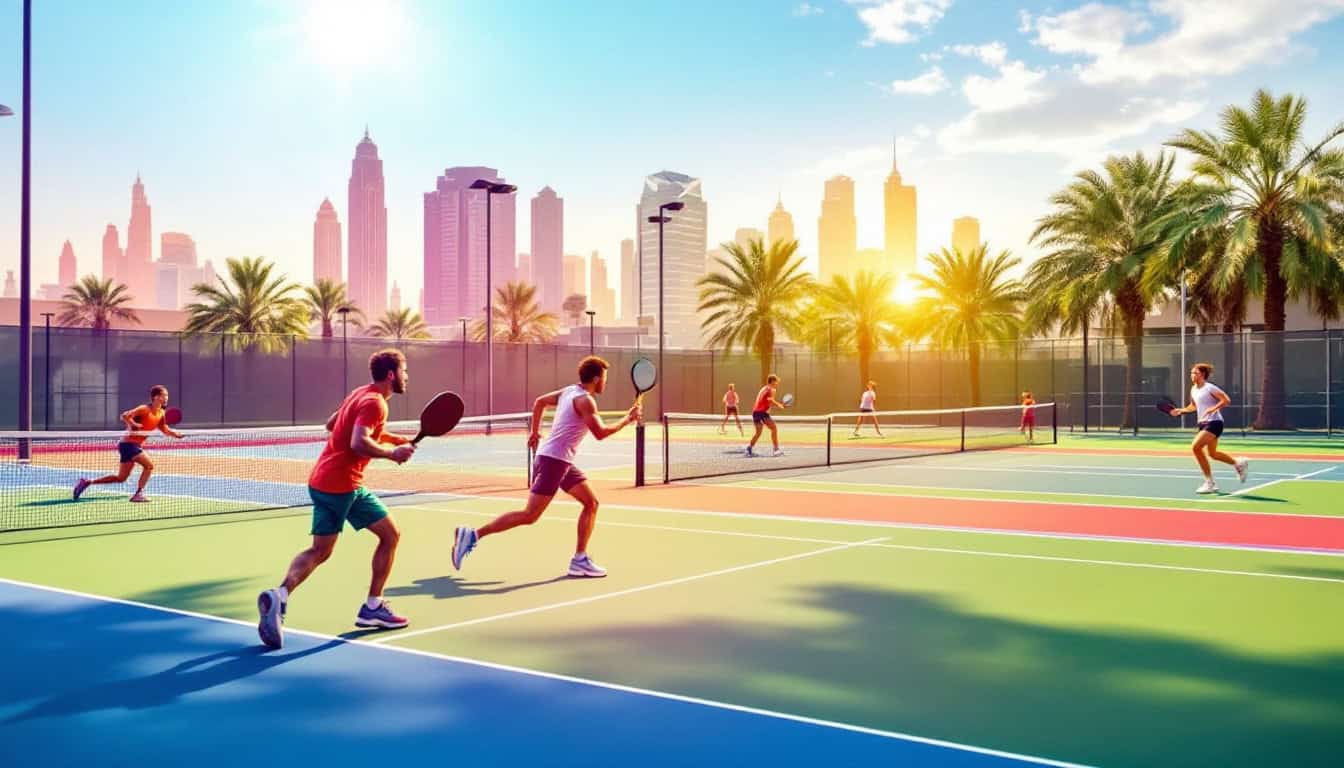 Players enjoying pickleball, padel, and running at a vibrant sports venue in the UAE with a sunny backdrop and modern facilities