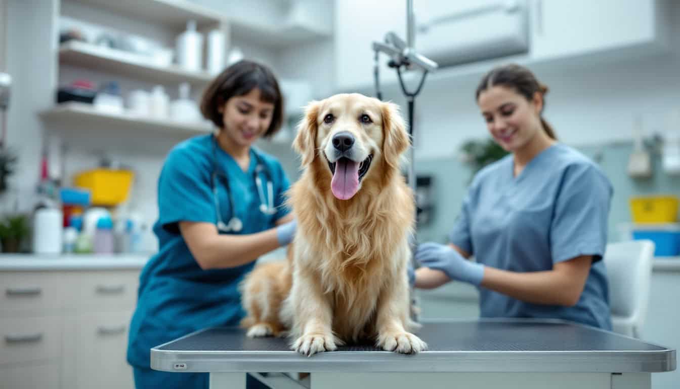 Veterinarian at Al Hayat Veterinary Clinic in Dubai examining a happy golden retriever on a grooming table.
