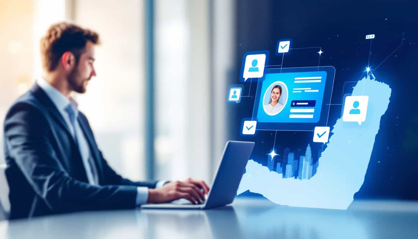 Business professional working on a laptop to update your UAE business listing, with digital icons and an abstract UAE map in the background symbolising accuracy and visibility.