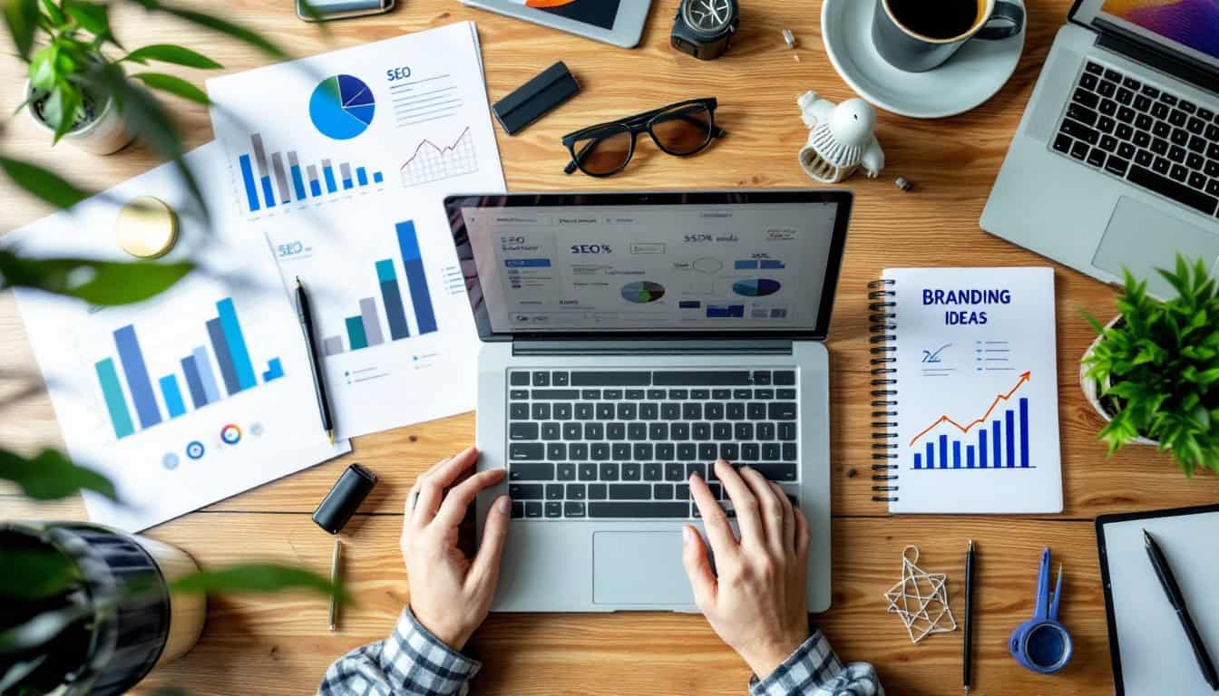 Small business marketing help tools for SEO and branding strategies on a professional workstation