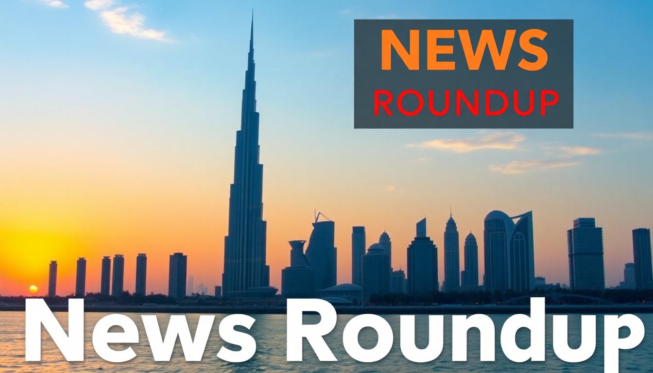UAE skyline at sunset featuring the Burj Khalifa and crescent moons, symbolizing cultural and news elements for UAEThrive Daily News Roundup for February 28*