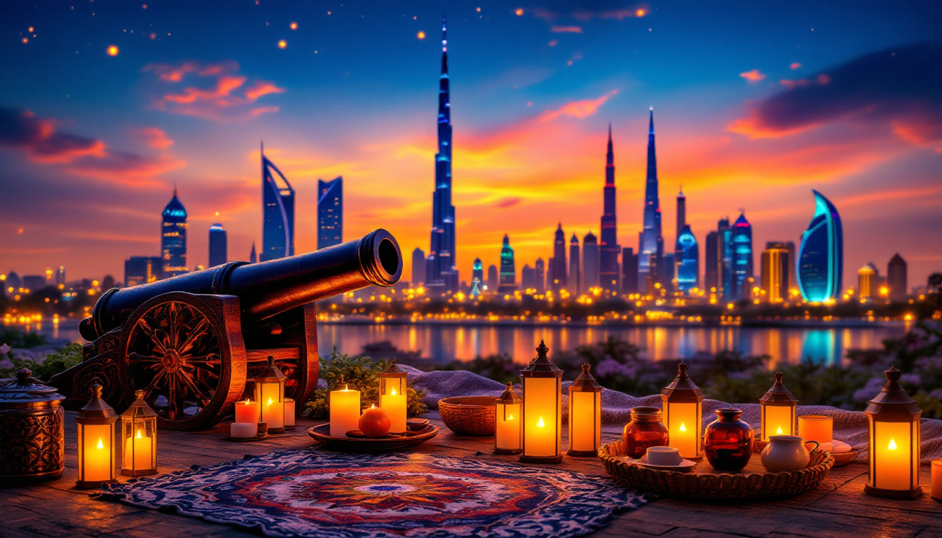 Ramadan traditions in Dubai featuring skyline, a Ramadan cannon, lanterns, and Iftar preparations at sunset.