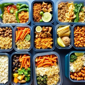 Variety of meal prep containers filled with nutritious foods for affordable healthy meal plans in Dubai.
