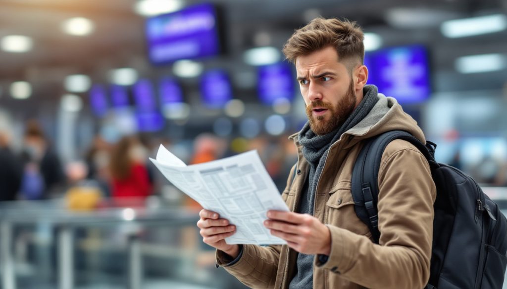 Confused male traveler holding documents at airport, representing relocation challenges to the UAE