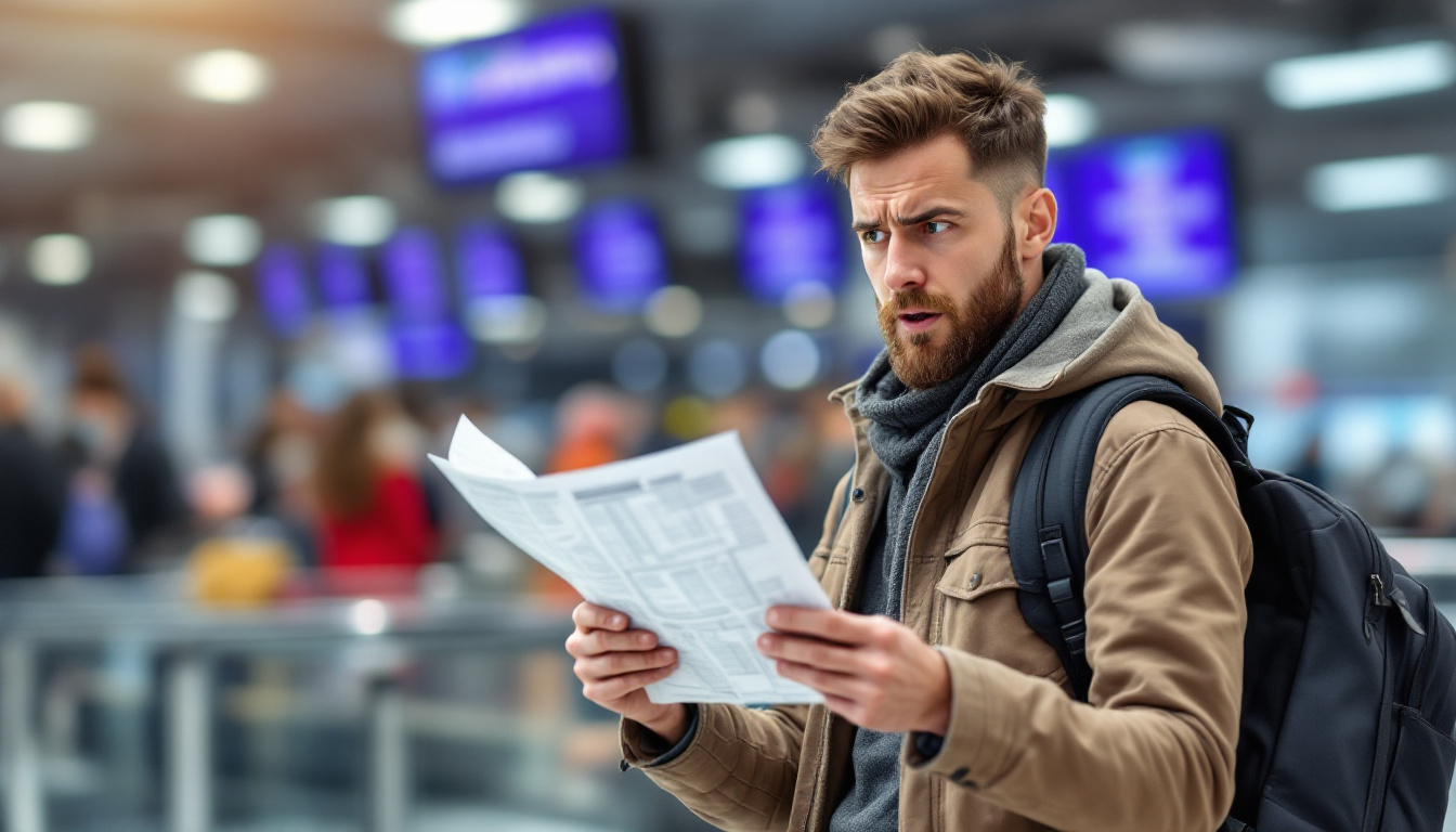 Confused male traveler holding documents at airport, representing relocation challenges to the UAE