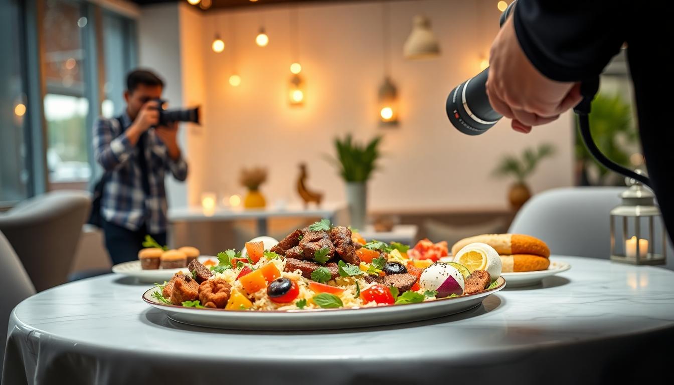 Alt Text: A food photographer capturing elegant Ramadan-themed dishes using professional equipment, surrounded by decorative lanterns and vibrant table settings, symbolizing food photography UAE.