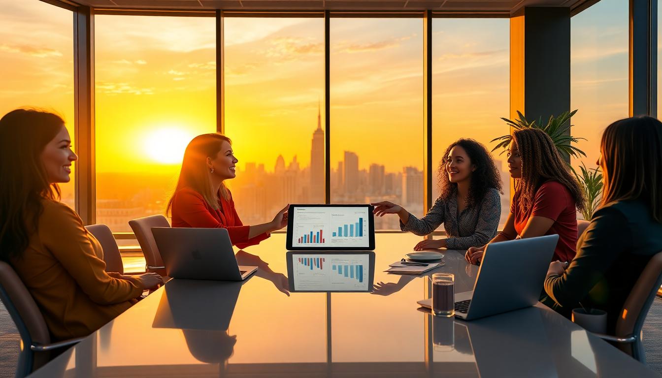 International Women's Day 2025: A group of diverse professional women collaborating in a modern office setting, symbolizing unity and progress in the corporate world.