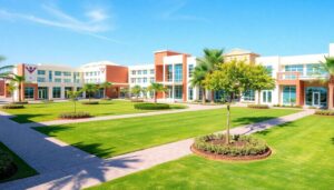 Modern school campus in Dubai with British and Arabic architectural design at Kent College Dubai.