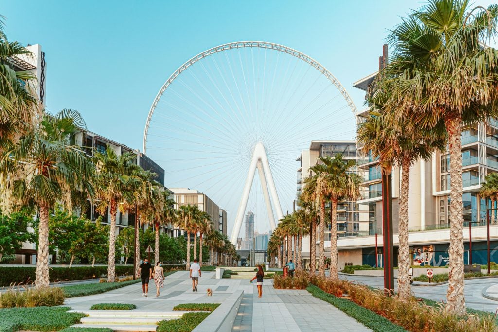 Jumeirah Beach Residence:Explore the vibrant cityscape with Ain Dubai and palm-lined paths in this stunning urban view.