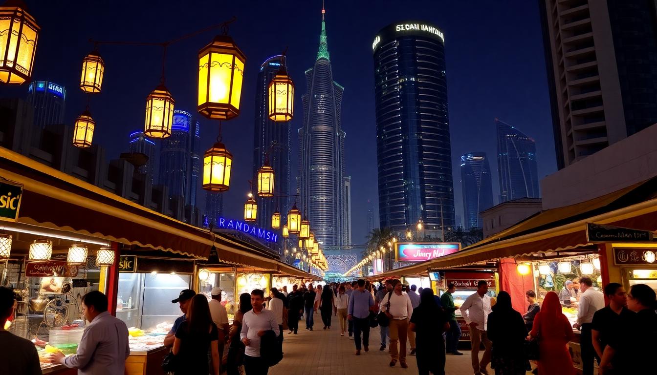 Vibrant Ramadan night in Dubai featuring glowing lanterns, bustling food stalls, and a mix of modern skyscrapers and traditional market ambiance