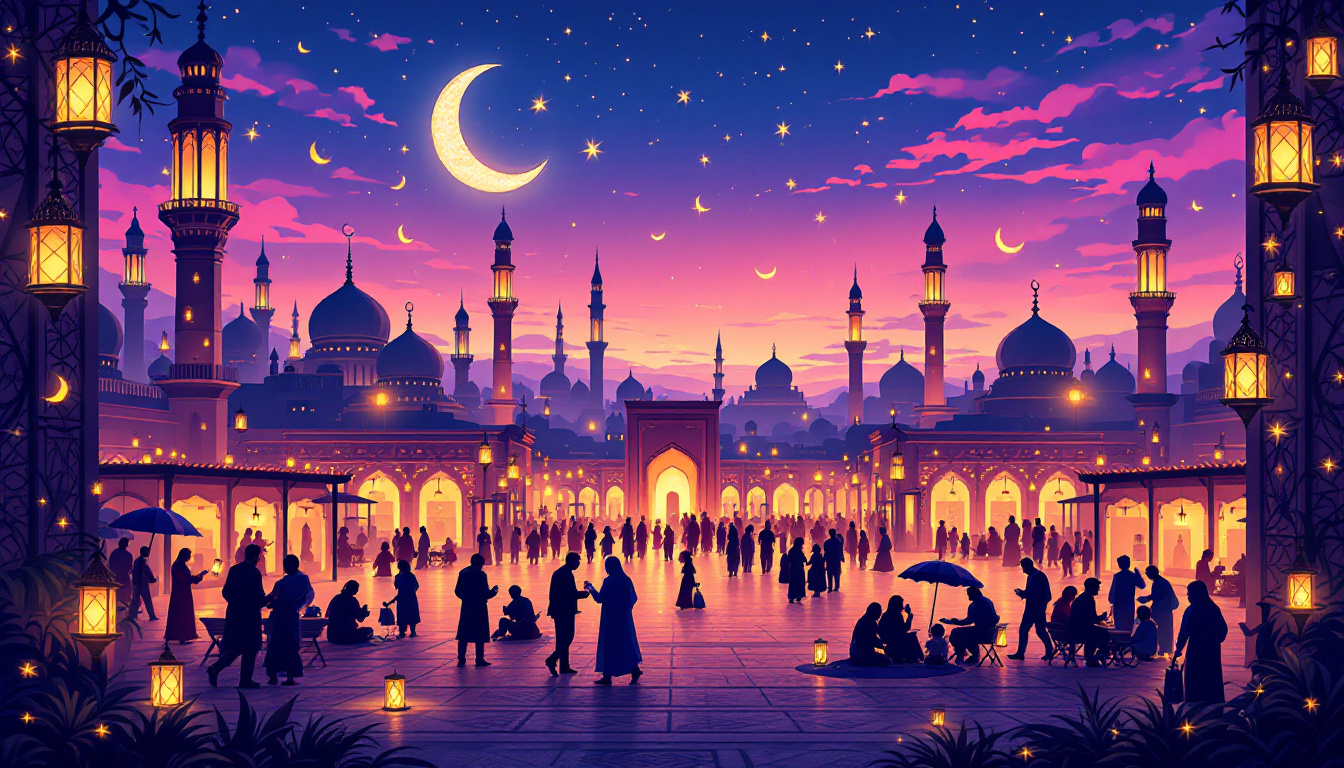 Illustration of the Ramadan and Eid Exhibition 2025 with glowing lanterns, crescents, and people enjoying cultural and festive activities under a serene evening sky.