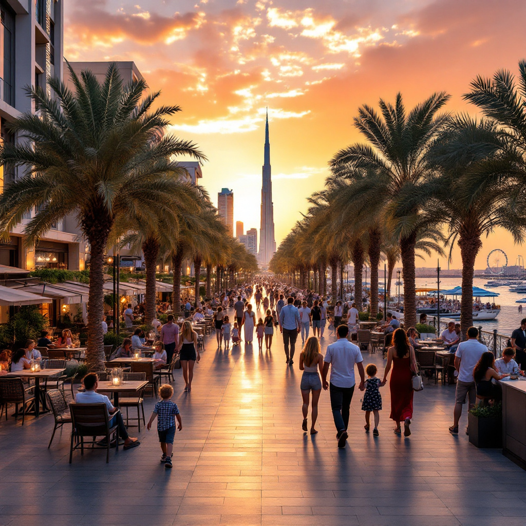 Sunset view of The Walk JBR in Dubai with beachside promenade, shops, and restaurants