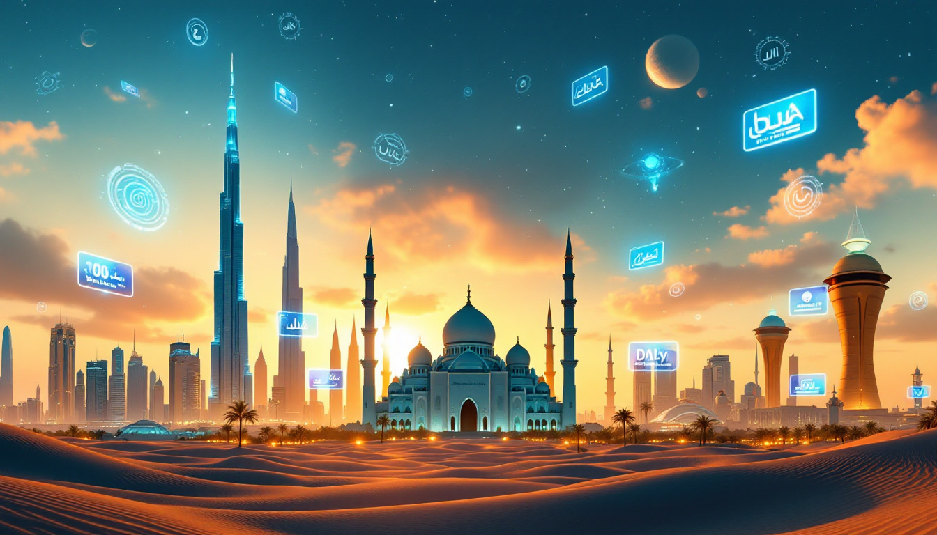 UAEThrive Daily News Roundup - A futuristic UAE cityscape merging iconic landmarks like the Burj Khalifa and Sheikh Zayed Grand Mosque with floating holographic news screens against a stunning sunset backdrop.