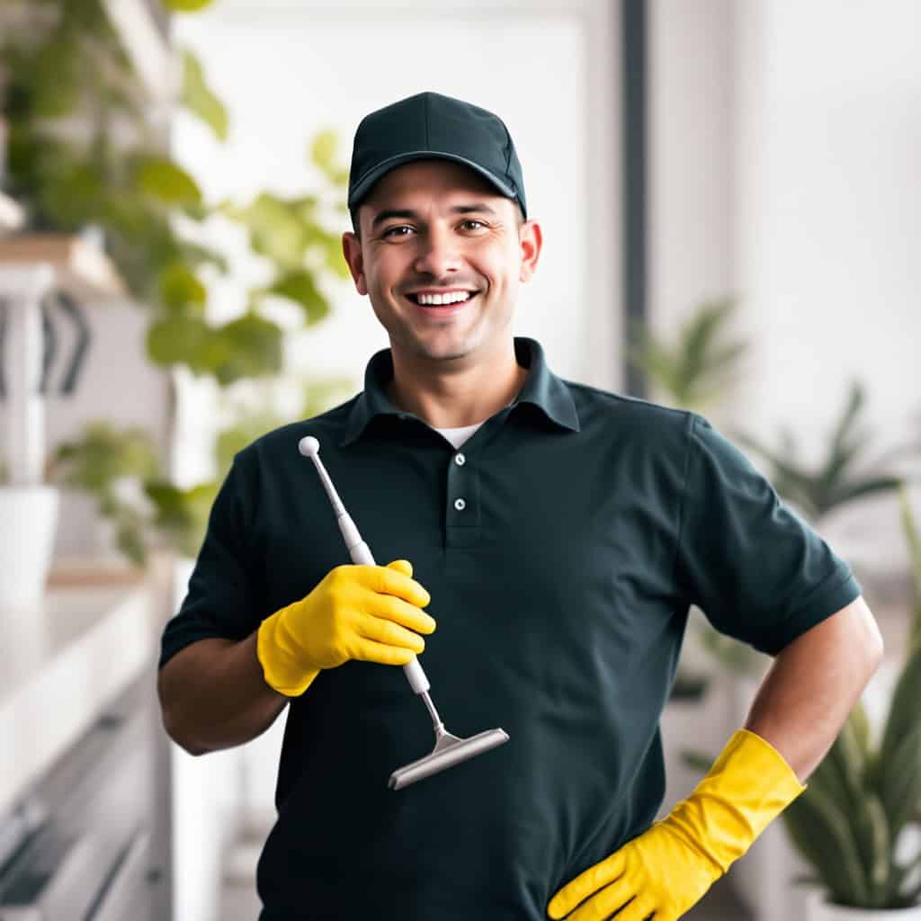Smiling professional cleaner in a black shirt and yellow gloves holding a cleaning tool.