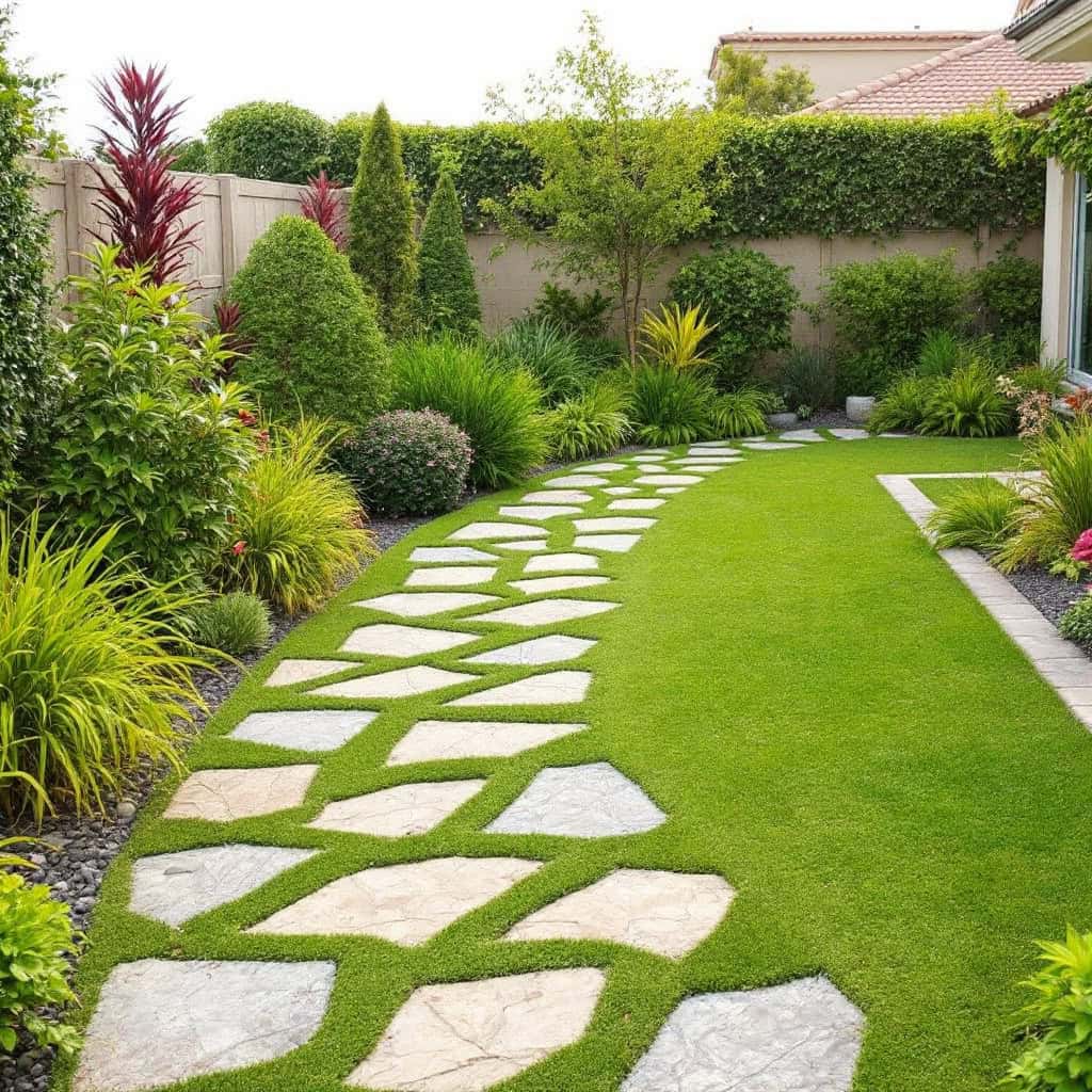 Beautifully landscaped garden with stone pathway and lush greenery, showcasing landscaping services.