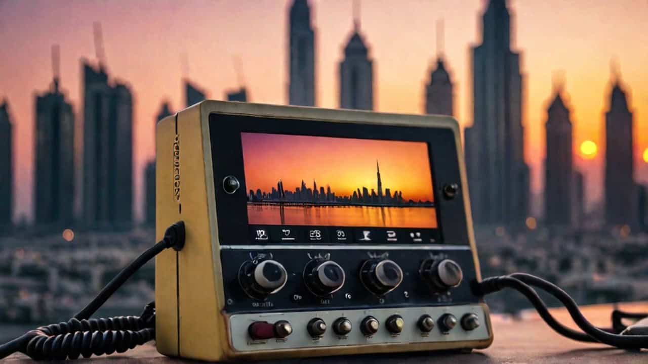 Vintage telephone device showing Dubai skyline on screen during sunset