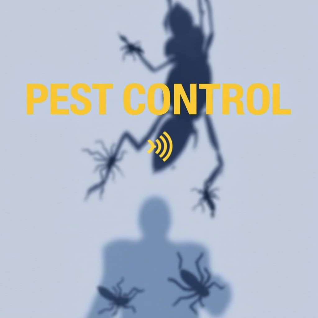 Silhouette of a pest control professional with pests, illustrating pest control services.