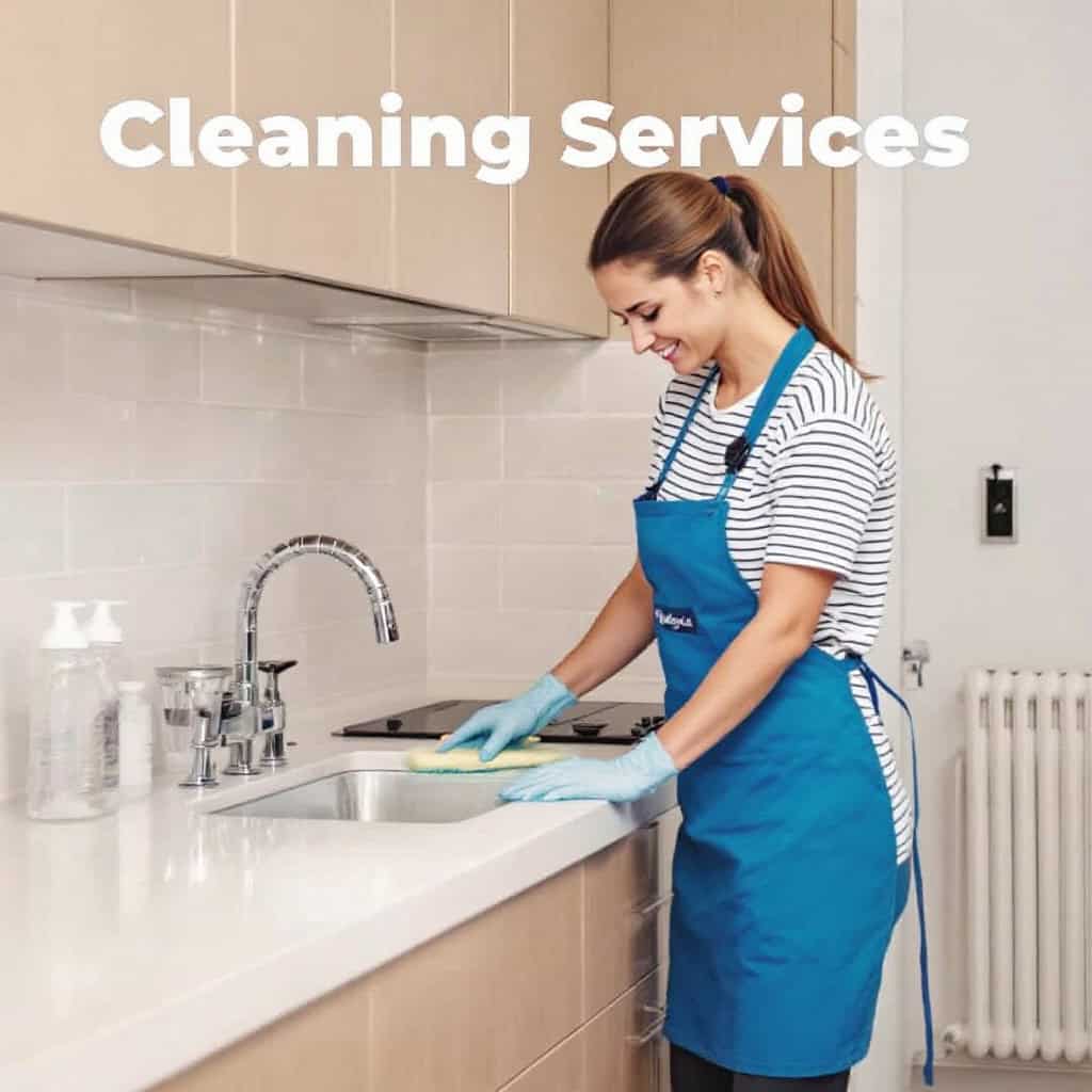 Woman in a blue apron and gloves cleaning a kitchen countertop, representing cleaning services.