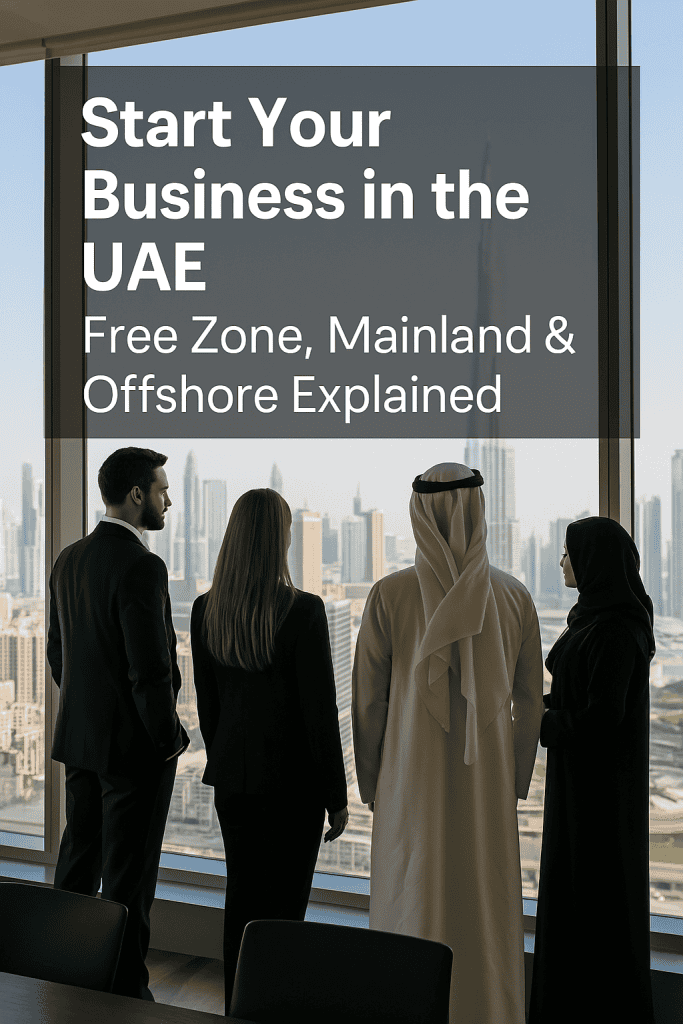 Business professionals in a modern UAE office overlooking Dubai skyline, symbolising company formation and startup opportunities
