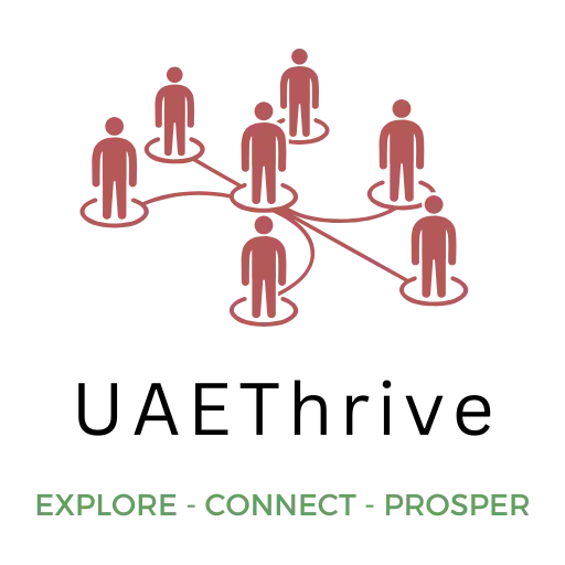 UAEThrive logo featuring connected people icons and the tagline 'Explore - Connect - Prosper'