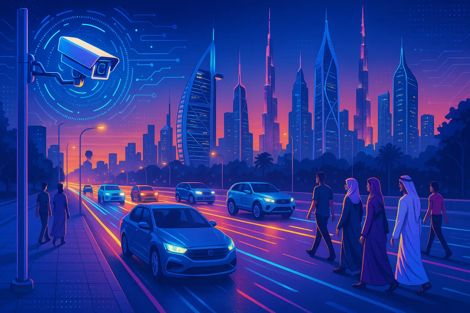 AI-powered traffic camera monitoring a busy Dubai street with glowing highways and diverse pedestrians at dusk, symbolising smart city road safety in the UAE