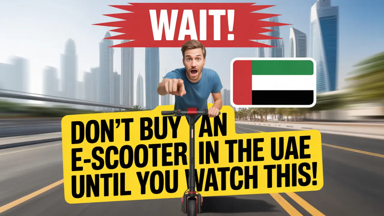 Man pointing while riding an electric scooter on a Dubai city street with UAE flag and warning text, “Don’t buy an e-scooter in the UAE until you watch this!”