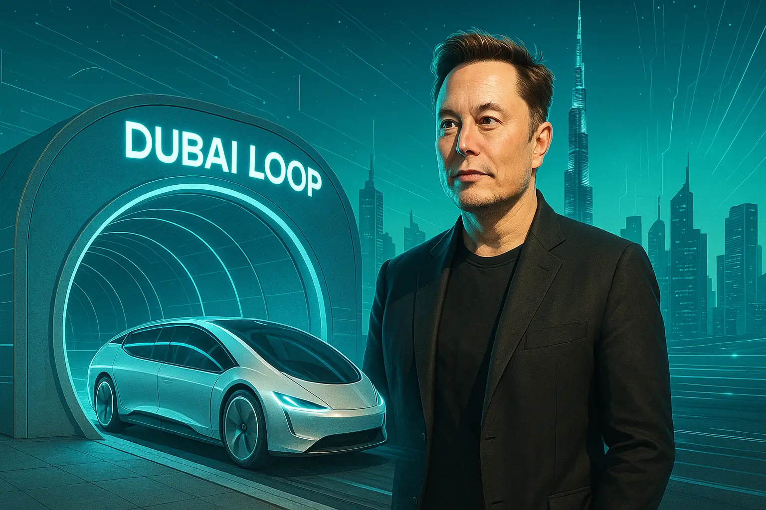 Elon Musk standing near a Dubai Loop transport tunnel with futuristic pod vehicle and Dubai skyline in the background.