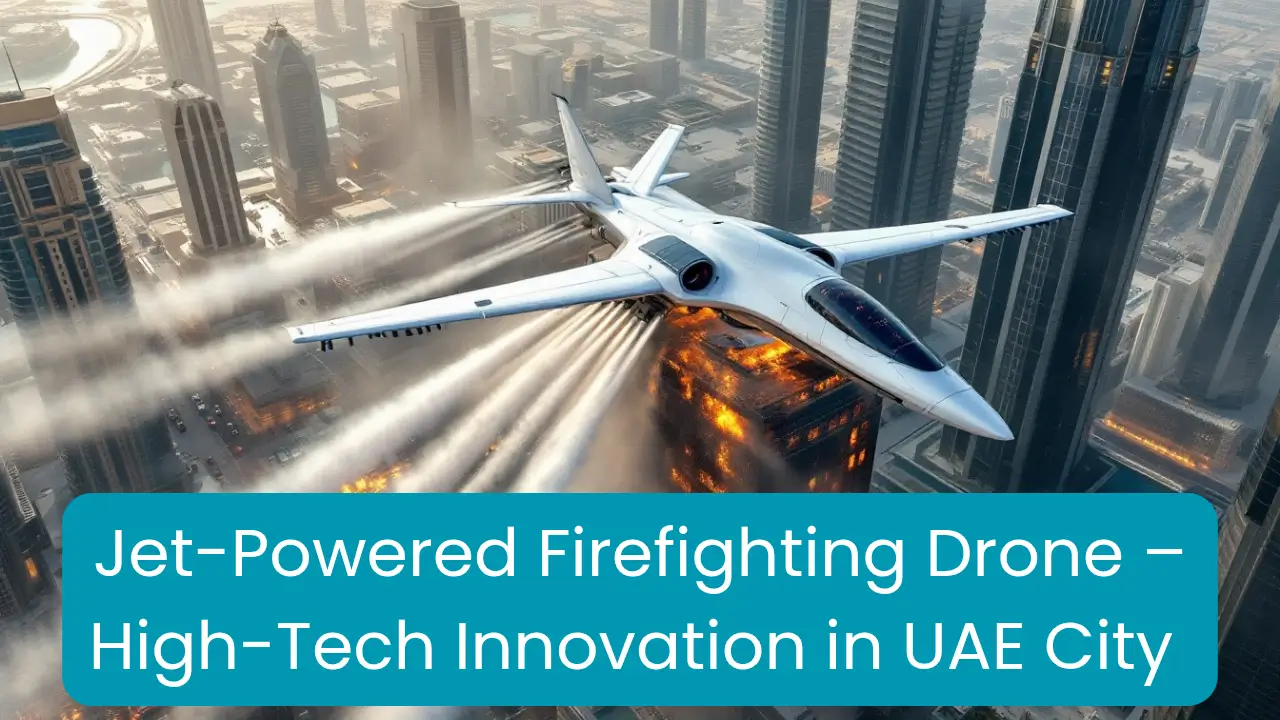 Jet-powered firefighting drone in UAE city extinguishing a building fire