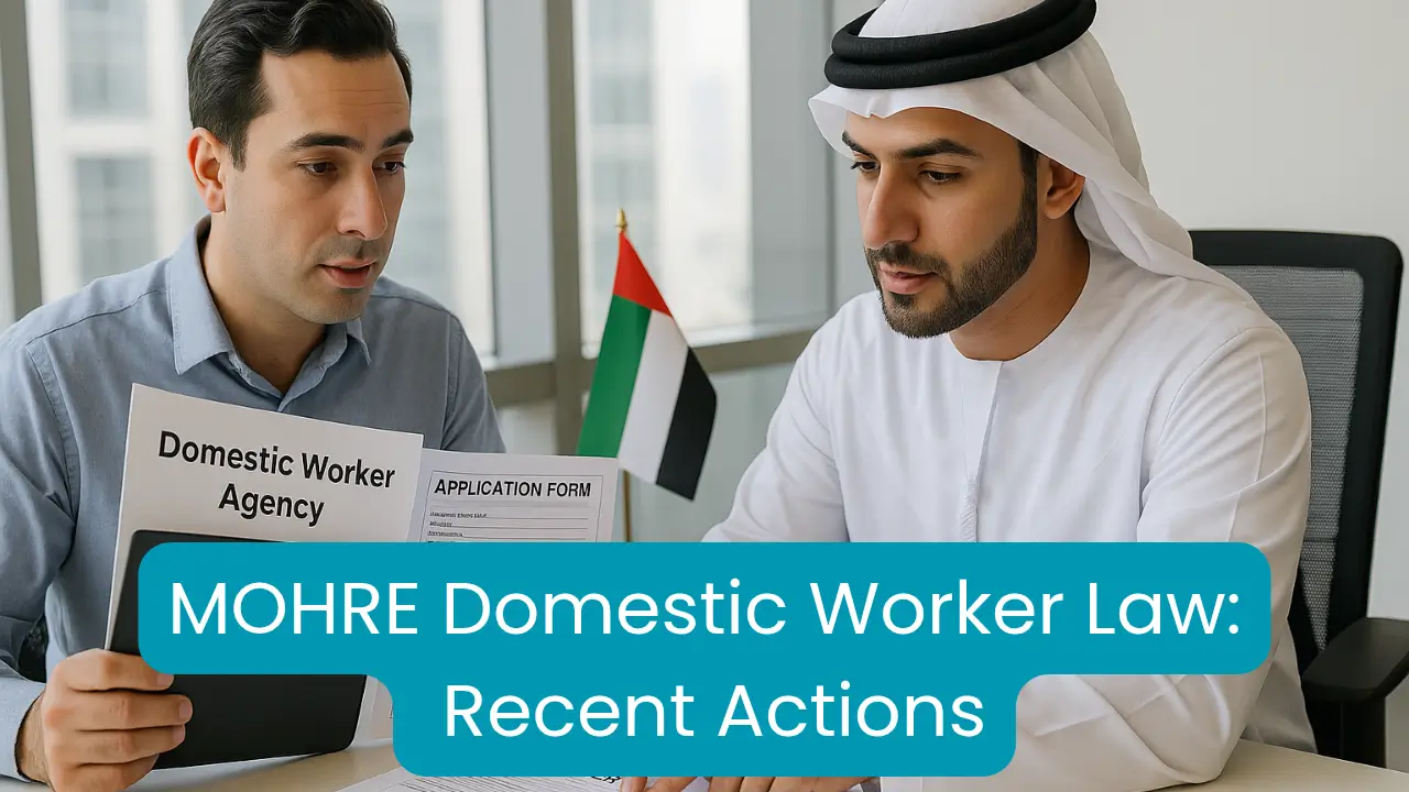 MOHRE official reviews domestic worker law documents with agency representative in UAE office