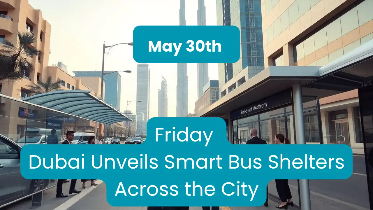 Modern Dubai city street with new air-conditioned bus shelters and business professionals, highlighting the major news item from the UAE News Roundup 30 May 2025.