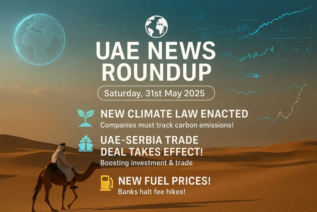 Featured image for UAE News Roundup 31 May 2025 showing a desert scene with a man riding a camel, headline highlights on new climate law, UAE-Serbia trade deal, new fuel prices, and digital graphics representing economic growth.