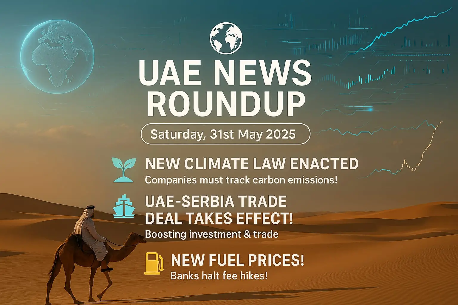 Featured image for UAE News Roundup 31 May 2025 showing a desert scene with a man riding a camel, headline highlights on new climate law, UAE-Serbia trade deal, new fuel prices, and digital graphics representing economic growth.