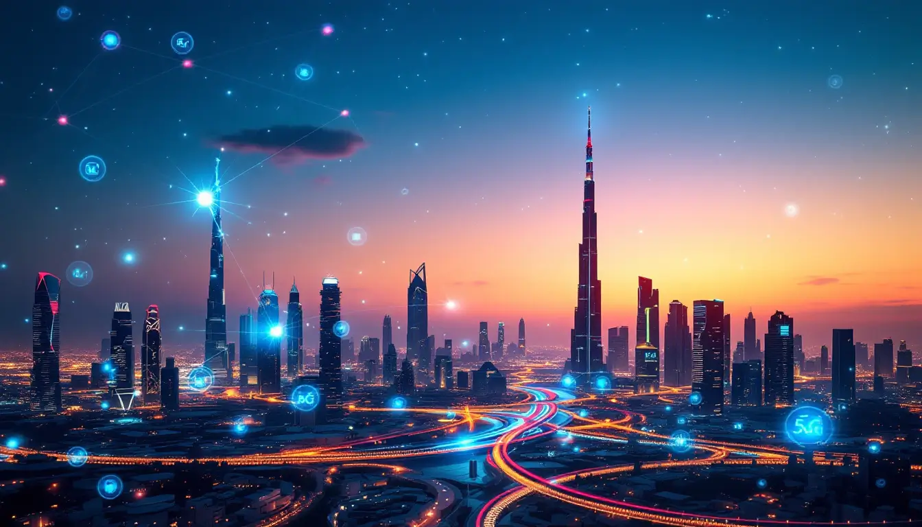Futuristic Dubai skyline at sunset with digital technology lights representing smart cities and IoT infrastructure