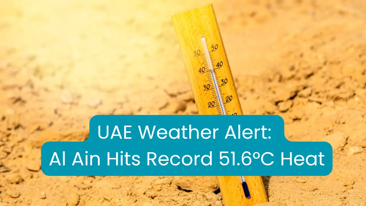 UAE weather alert featured image with thermometer in Al Ain desert showing record 51.6°C heat.