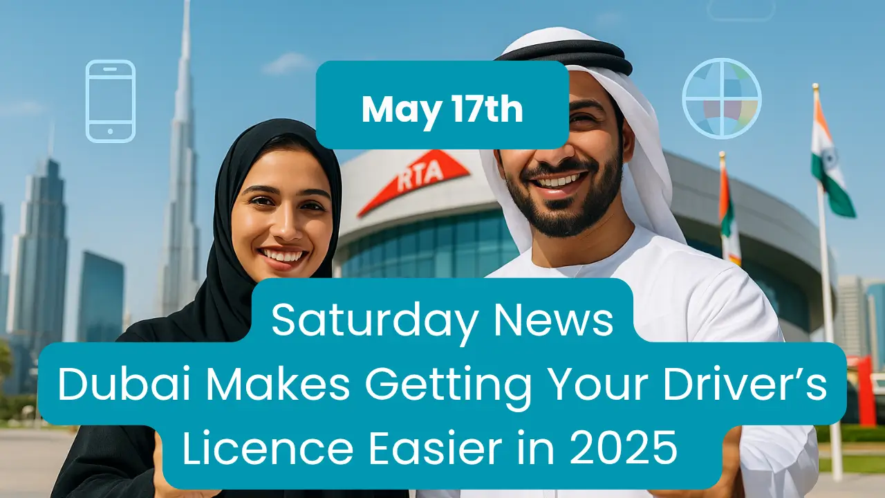 Emirati man and woman holding driving licences outside Dubai RTA center, symbolising updates featured in UAEThrive Daily News Roundup May 17th 2025