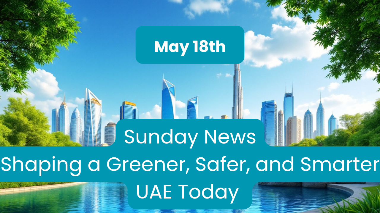 UAE city skyline with blue sky, lush green park, and clean water reflecting environmental progress and daily life improvements