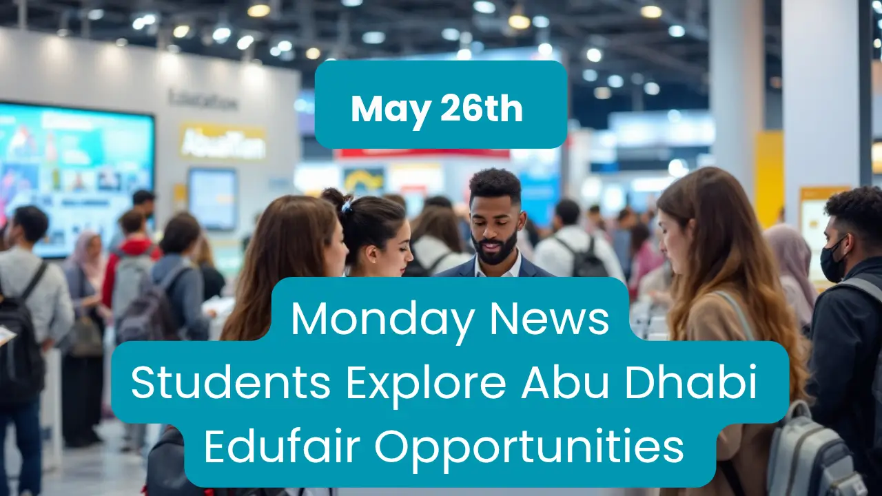 Students interact at booths during Abu Dhabi Edufair 2025 with a busy crowd in the exhibition hall