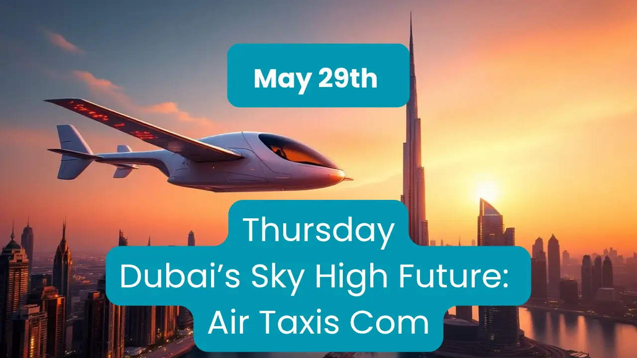 Futuristic air taxi flying above Dubai skyline at sunset, showcasing innovation in the UAE