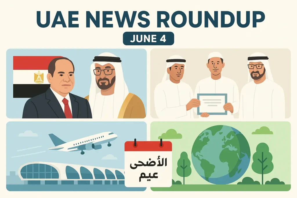 UAE News Roundup June 4, 2025 - Dubai skyline, Eid Al-Adha celebrations, environmental initiatives, business updates, and major events in the United Arab Emirates.