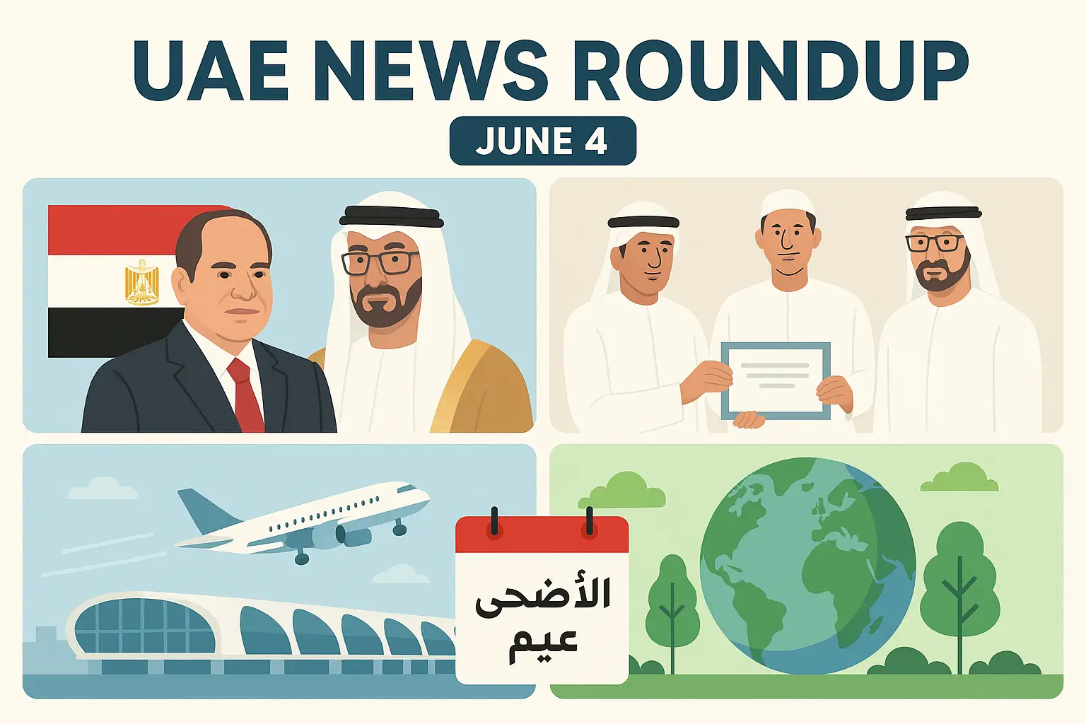 UAE News Roundup June 4, 2025 - Dubai skyline, Eid Al-Adha celebrations, environmental initiatives, business updates, and major events in the United Arab Emirates.