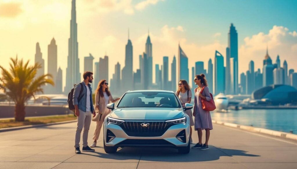 Travellers collecting a rental car with Dubai skyline in the background, highlighting savings tips