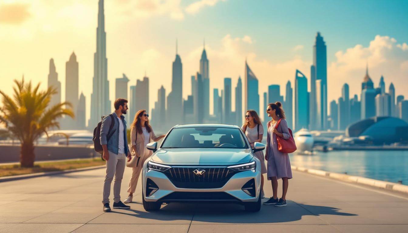 Travellers collecting a rental car with Dubai skyline in the background, highlighting savings tips