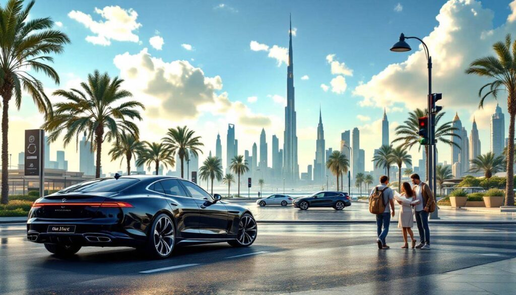 Luxury and family rental cars in downtown Dubai with skyline view