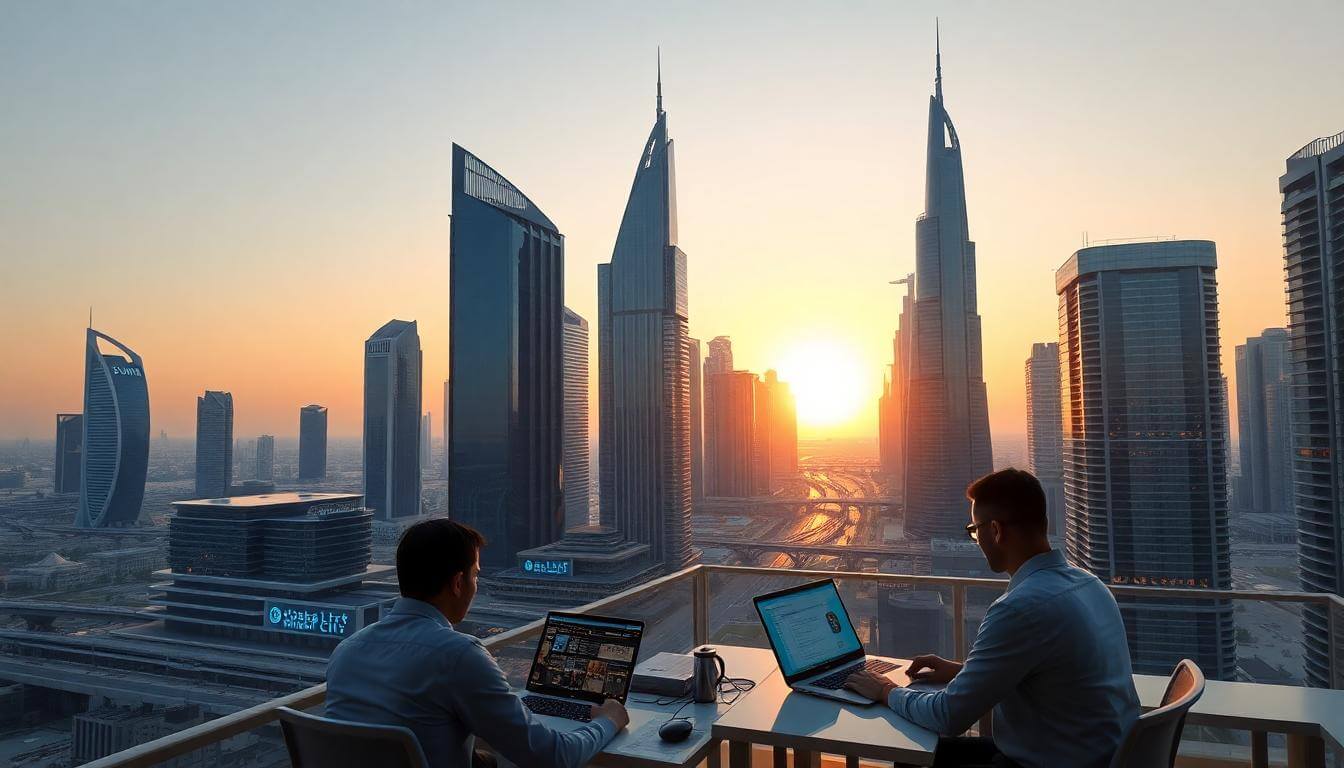 Dubai Internet City Free Zone modern technology hub with office towers and entrepreneurs