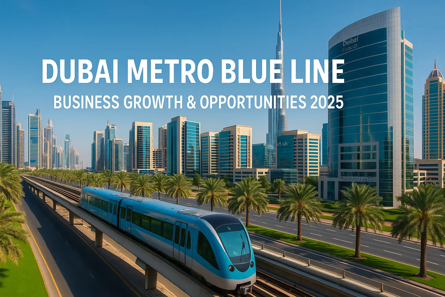 Dubai Metro Blue Line trains and city skyline reflecting new business opportunities in 2025