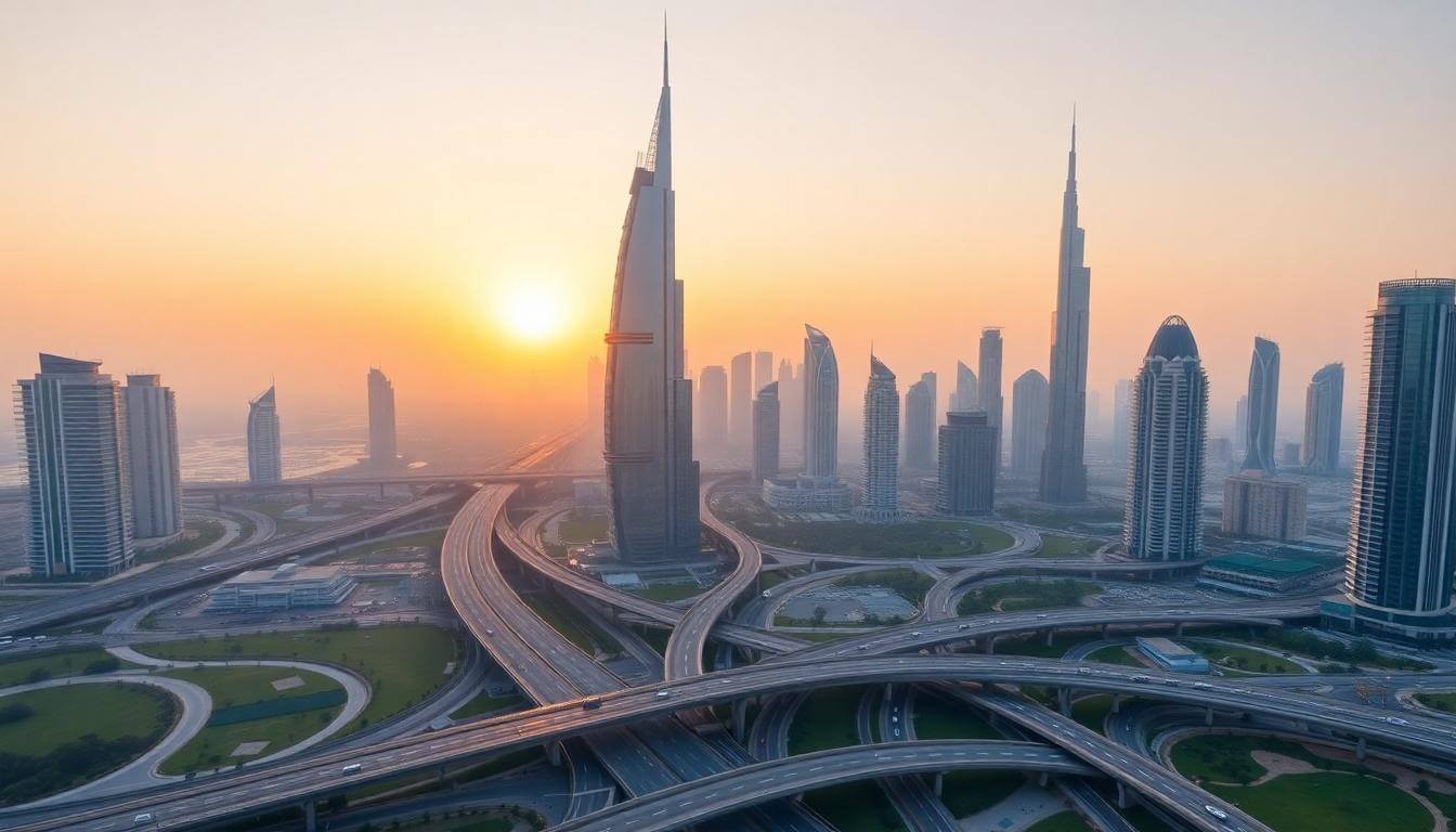 Dubai skyline at sunrise with busy roads, daily infrastructure updates, and humid weather—UAE daily news roundup 27 June 2025