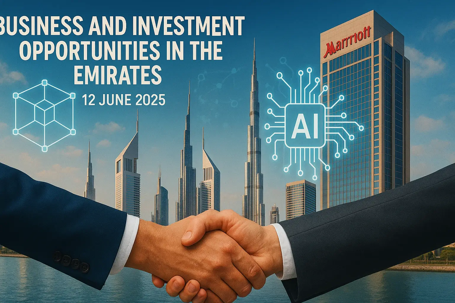 Business and investment opportunities in the Emirates – digital artwork showing a handshake in front of the Dubai skyline, with Burj Khalifa and Emirates Towers visible. Marriott hotel tower appears on the right, with blockchain and AI technology icons overlaid, dated 12 June 2025.